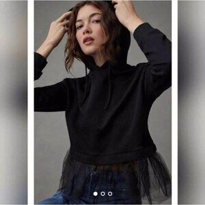 Anthropologie Pilcro Tulle-Hem Cropped Hoodie Medium Black Biker Whimsigoth Moto